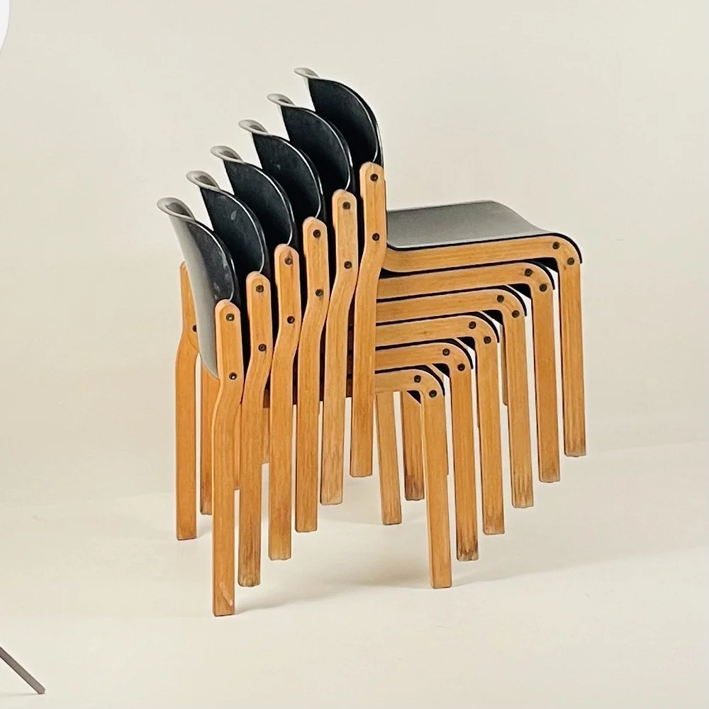 Set of 6 Birch Bentwood Stacking Chairs by Thonet, Made in Germany